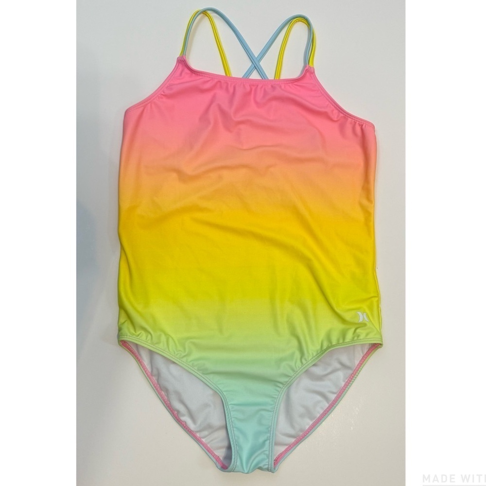 Hurley Rainbow Ombre Girls Strappy All Over Print One Piece Swimsuit Size 14